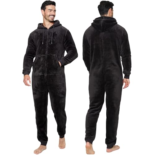 NOROZE Erwachsene Herren Einfarbiger Dicker kuscheliger weicher Fleece All-in-One Overall Schlafanzug Einteiler Nachtwäsche (3XL, Schwarz) von NOROZE
