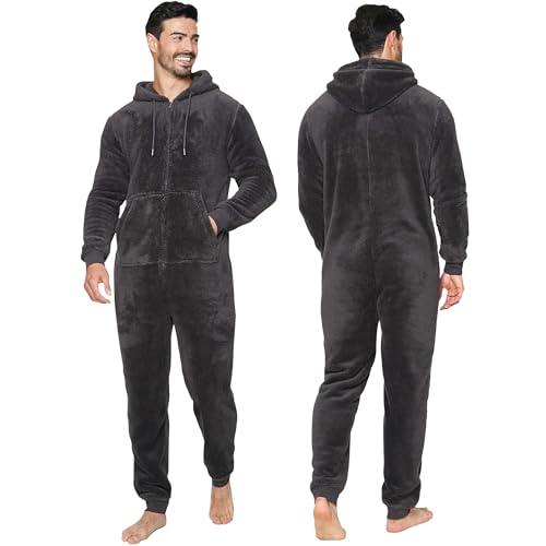 NOROZE Erwachsene Herren Einfarbiger Dicker kuscheliger weicher Fleece All-in-One Overall Schlafanzug Einteiler Nachtwäsche (M, Anthrazit) von NOROZE