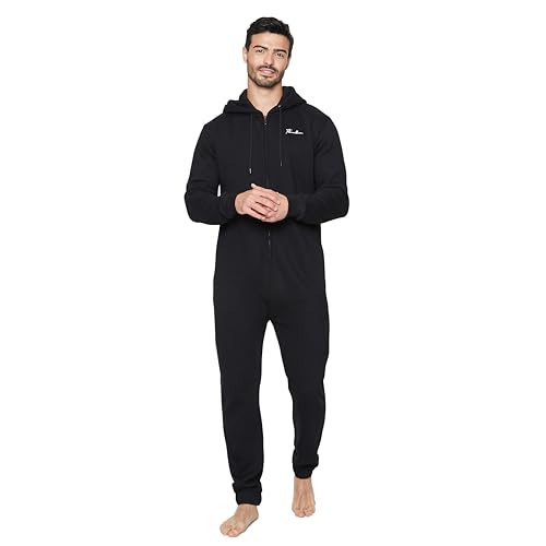 NOROZE Erwachsene Herren Fleece All-in-One Einfarbig Kontrastärmel Kapuze Pyjama Jumpsuit Einteiler Nachtwäsche (M, Schwarz) von NOROZE