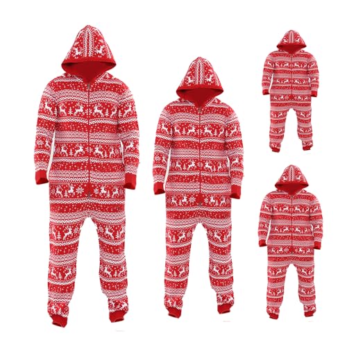 NOROZE Familien-Passend Weihnachtsfest Schneeflocke Rentier Jacquard Stricken Aztekisches Design Einteiler Pyjama EIN Stück Mit Kapuze Overall Schlafanzüge (11-12 Jahre, Jacquard-Rot) von NOROZE