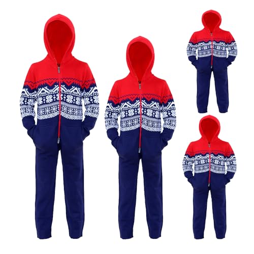 NOROZE Familien-Passend Weihnachtsfest Schneeflocke Rentier Jacquard Stricken Aztekisches Design Einteiler Pyjama EIN Stück Mit Kapuze Overall Schlafanzüge (S, Azteken Rot/Marine) von NOROZE
