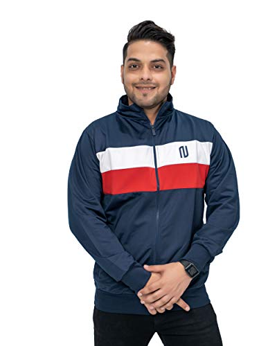 NOROZE Herren 2 Streifen Kontrastfarbblock Langarm Durchgehender Reißverschluss Leichte Sport Poly Track Jacke Sweatshirt (L, Marine) von NOROZE