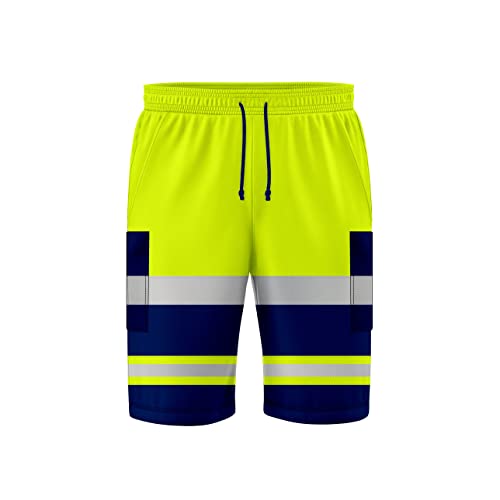 NOROZE Herren-Arbeitshose mit hoher Sichtbarkeit, 3/4-Shorts reflektierend, Fluoreszierendes Band, zweifarbig, Seitentasche, Jogginghose Arbeitskleidung (M, Stil 2: Neongrün/Marineblau) von NOROZE