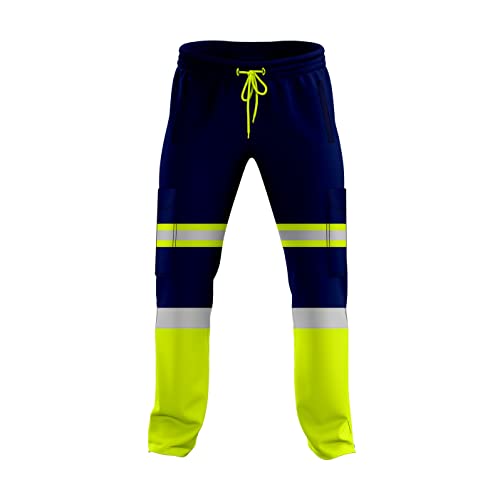 NOROZE Herren-Arbeitshose mit hoher Sichtbarkeit, reflektierend, Fluoreszierendes Band, zweifarbig, Combat-Seitentasche, Jogginghose, Arbeitskleidung (L, Stil 1: Neongrün/Marineblau) von NOROZE