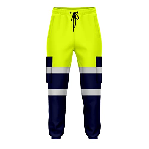 NOROZE Herren-Arbeitshose mit hoher Sichtbarkeit, reflektierend, Fluoreszierendes Band, zweifarbig, Combat-Seitentasche, Jogginghose, Arbeitskleidung (L, Stil 4: Neongrün/Marineblau) von NOROZE