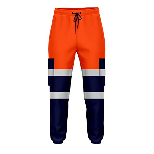 NOROZE Herren-Arbeitshose mit hoher Sichtbarkeit, reflektierend, Fluoreszierendes Band, zweifarbig, Combat-Seitentasche, Jogginghose, Arbeitskleidung (L, Stil 4: Neonorange/Marineblau) von NOROZE