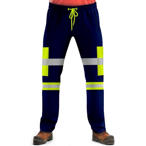 NOROZE Herren-Arbeitshose mit hoher Sichtbarkeit, reflektierend, Fluoreszierendes Band, zweifarbig, Combat-Seitentasche, Jogginghose, Arbeitskleidung (XXL, Stil 2: Neongrün/Marineblau) von NOROZE