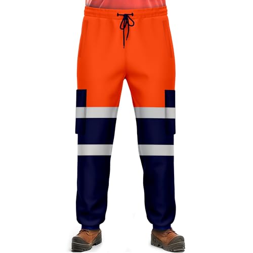 NOROZE Herren-Arbeitshose mit hoher Sichtbarkeit, reflektierend, Fluoreszierendes Band, zweifarbig, Combat-Seitentasche, Jogginghose, Arbeitskleidung (XXL, Stil 4: Neonorange/Marineblau) von NOROZE