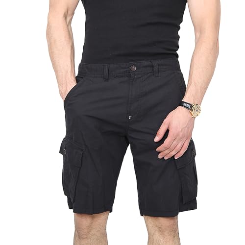 NOROZE Herren-Chino-Shorts, einfarbig, knielang, seitliche Rückseite, mehrere Taschen, Combat Sommer, lässige Baumwolle Gr. 34W Regulär, Schwarz von NOROZE