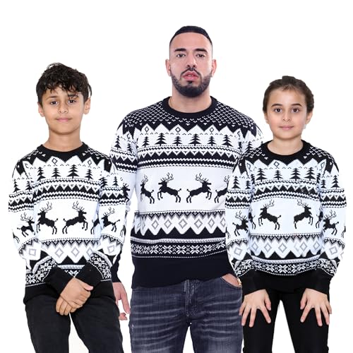 NOROZE Herren Damen Jungen Mädchen Familie Weihnachtspullover Hässlich Weihnachten Pullover Faire Insel Rentier Schneeflocke Weihnachtsbaum Sweatshirt Pulli (7-8 Jahre, Springendes Rentier-Schwarz) von NOROZE