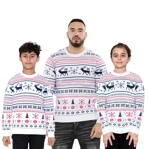 NOROZE Herren Damen Jungen Mädchen Familie Weihnachtspullover Hässlich Weihnachten Pullover Faire Insel Rentier Schneeflocke Weihnachtsbaum Sweatshirt Pulli (9-10 Jahre, Fairisle-Rentier-Creme) von NOROZE
