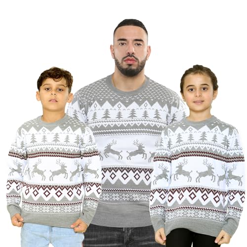 NOROZE Herren Damen Jungen Mädchen Familie Weihnachtspullover Hässlich Weihnachten Pullover Faire Insel Rentier Schneeflocke Weihnachtsbaum Sweatshirt Pulli (XL, Springendes Rentier-Grau) von NOROZE