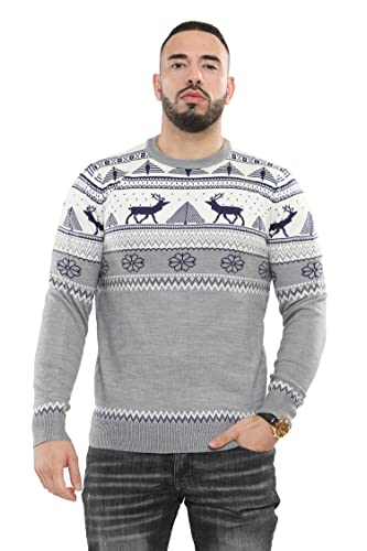 NOROZE Herren Frohe Weihnachten Schein-Reißverschluss Nordischer Stil Rentier Elch Hirsch Trichter Rundhalsausschnitt Festlich Xmas Pullover Pulli (L, Creme) von NOROZE