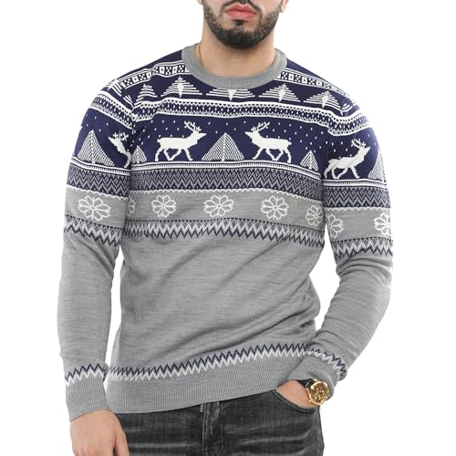 NOROZE Herren Frohe Weihnachten Schein-Reißverschluss Nordischer Stil Rentier Elch Hirsch Trichter Rundhalsausschnitt Festlich Xmas Pullover Pulli (L, Marine) von NOROZE