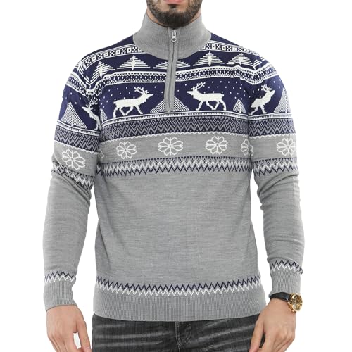 NOROZE Herren Frohe Weihnachten Schein-Reißverschluss Nordischer Stil Rentier Elch Hirsch Trichter Rundhalsausschnitt Festlich Xmas Pullover Pulli (L, Schein-Reißverschluss Marine) von NOROZE