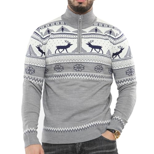 NOROZE Herren Frohe Weihnachten Schein-Reißverschluss Nordischer Stil Rentier Elch Hirsch Trichter Rundhalsausschnitt Festlich Xmas Pullover Pulli (M, Schein-Reißverschluss Creme) von NOROZE