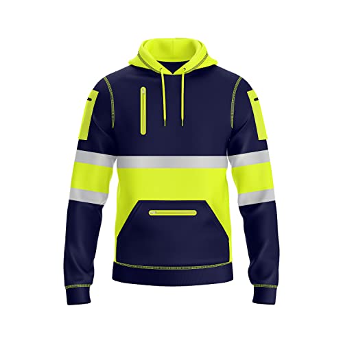 NOROZE Herren Hi-Viz Kapuzenpullover Grau Reflektierendes Band Hohe Sichtbarkeit Sicherheit Mantel mit 4 Reißverschluss Taschen Sweatshirt Jacke (L, Stil 2: Neongrün/Marine) von NOROZE