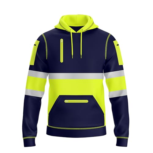 NOROZE Herren Hi-Viz Kapuzenpullover Grau Reflektierendes Band Hohe Sichtbarkeit Sicherheit Mantel mit 4 Reißverschluss Taschen Sweatshirt Jacke (L, Stil 2: Neongrün/Marine) von NOROZE
