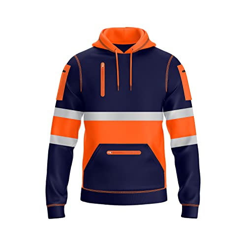 NOROZE Herren Hi-Viz Kapuzenpullover Grau Reflektierendes Band Hohe Sichtbarkeit Sicherheit Mantel mit 4 Reißverschluss Taschen Sweatshirt Jacke (L, Stil 2: Neonorange/Marine) von NOROZE