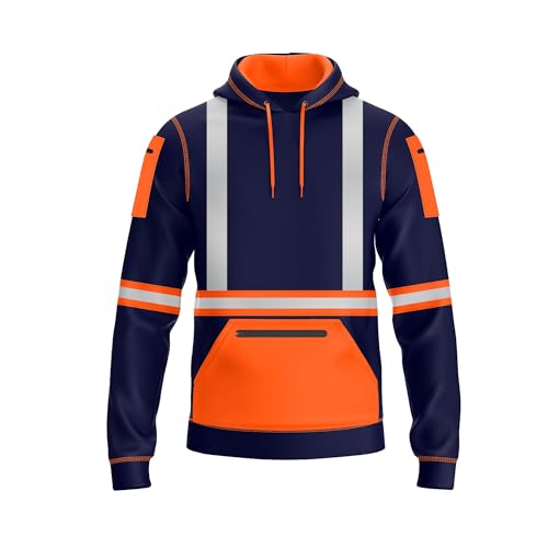 NOROZE Herren Hi-Viz Kapuzenpullover Grau Reflektierendes Band Hohe Sichtbarkeit Sicherheit Mantel mit 4 Reißverschluss Taschen Sweatshirt Jacke (L, Stil 3: Neonorange/Marine) von NOROZE
