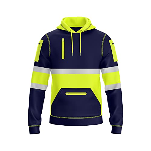 NOROZE Herren Hi-Viz Kapuzenpullover Grau Reflektierendes Band Hohe Sichtbarkeit Sicherheit Mantel mit 4 Reißverschluss Taschen Sweatshirt Jacke (S, Stil 2: Neongrün/Marine) von NOROZE