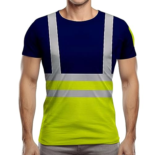 NOROZE Herren Hi-Viz T-Shirt Arbeitskleidung Reflektierendes Band Hohe Sichtbarkeit Sicherheitsmantel Atmungsaktiv Leicht Rundhals Kurzarm Polo T-Shirt (L, Stil 1: Neongrün/Marineblau) von NOROZE