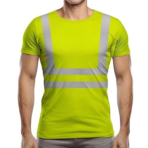 NOROZE Herren Hi-Viz T-Shirt Arbeitskleidung Reflektierendes Band Hohe Sichtbarkeit Sicherheitsmantel Atmungsaktiv Leicht Rundhals Kurzarm Polo T-Shirt (S, Stil 4: Neongrün/Grau) von NOROZE