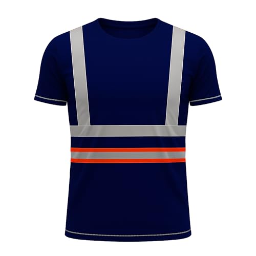 NOROZE Herren Hi-Viz T-Shirt Arbeitskleidung Reflektierendes Band Hohe Sichtbarkeit Sicherheitsmantel Atmungsaktiv Leicht Rundhals Kurzarm Polo T-Shirt (XL, Stil 3: Neonorange/Marineblau) von NOROZE