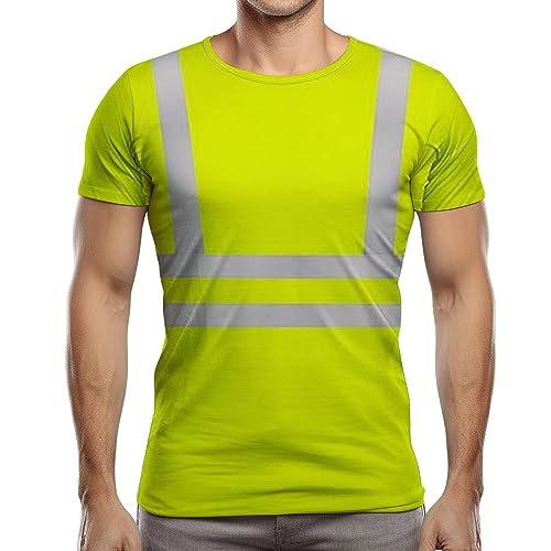 NOROZE Herren Hi-Viz T-Shirt Arbeitskleidung Reflektierendes Band Hohe Sichtbarkeit Sicherheitsmantel Atmungsaktiv Leicht Rundhals Kurzarm Polo T-Shirt (XL, Stil 4: Neongrün/Grau) von NOROZE