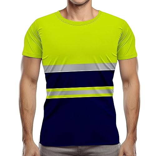 NOROZE Herren Hi-Viz T-Shirt Arbeitskleidung Reflektierendes Band Hohe Sichtbarkeit Sicherheitsmantel Atmungsaktiv Leicht Rundhals Kurzarm Polo T-Shirt (XXL, Stil 2: Neongrün/Marineblau) von NOROZE