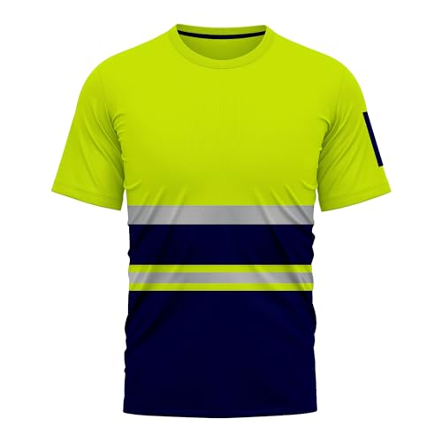 NOROZE Herren Hi-Viz T-Shirt Arbeitskleidung Reflektierendes Band Hohe Sichtbarkeit Sicherheitsmantel Atmungsaktiv Leicht Rundhals Kurzarm Polo T-Shirt (XXL, Stil 2: Neongrün/Marineblau) von NOROZE