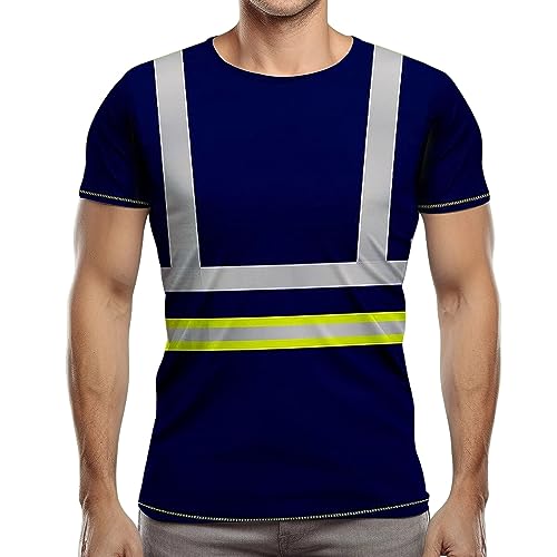 NOROZE Herren Hi-Viz T-Shirt Arbeitskleidung Reflektierendes Band Hohe Sichtbarkeit Sicherheitsmantel Atmungsaktiv Leicht Rundhals Kurzarm Polo T-Shirt (XXL, Stil 3: Neongrün/Marineblau) von NOROZE