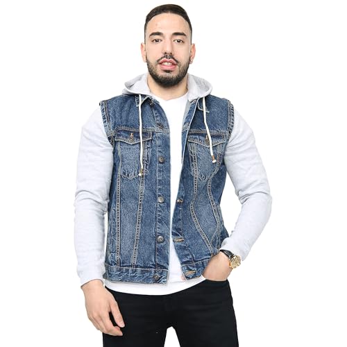 NOROZE Herren Jeansjacke mit Fleece Ärmel und abnehmbare Kapuze Klassisch Denim Jacke Trucker Mantel Kapuzenpullover (XL, Denim Blau) von NOROZE