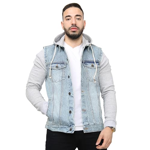 NOROZE Herren Jeansjacke mit Fleece Ärmel und abnehmbare Kapuze Klassisch Denim Jacke Trucker Mantel Kapuzenpullover (L, Hellblau) von NOROZE