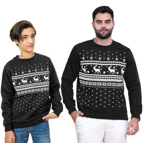 NOROZE Herren Jungen Passend Weihnachts-Sweatshirt Neuheit Lass es schneien Elf Rentier Hässlich Pullover Unisex Familie Weihnachtspullover Papa Sohn Oberteil (S, Faire Insel Rentier Schwarz) von NOROZE