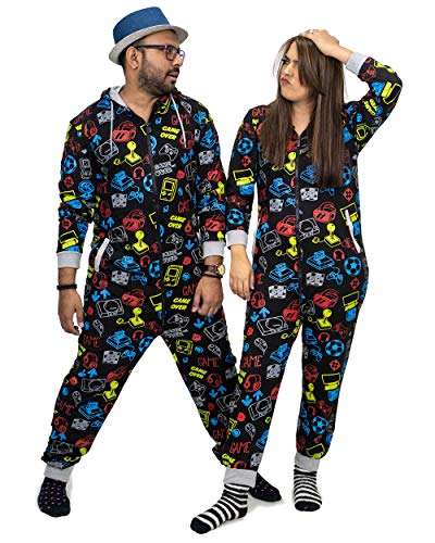 NOROZE Herren Jungen Spielen Onesie Anzug Trainingsanzug Unisex Kinder Pyjama Schlafanzug Alles in einem Overall Familie Jumpsuit Spieler Abstimmung Schlafanzüge Schlafanzug (11-12 Jahre, Schwarz) von NOROZE