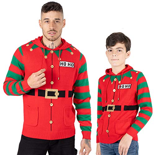 NOROZE Herren Jungen Weihnachtspullover Kapuzenpullover Unisex Elf Hoho Zuckerstange 3D Strickpullover Kinder Familie Weihnachten Passend Pullover (11-12 Jahre, Elf Hoho Rot) von NOROZE