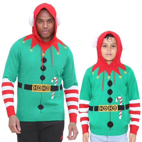 NOROZE Herren Jungen Weihnachtspullover Kapuzenpullover Unisex Elf Hoho Zuckerstange 3D Strickpullover Kinder Familie Weihnachten Passend Pullover (M, Elf Zuckerstange Grün) von NOROZE