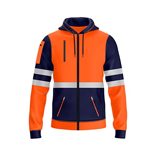 NOROZE Herren Kapuzenpullover mit Reißverschluss vorne reflektierend hohe Sichtbarkeit Sicherheitsmantel Taschen Sweatshirt Jacke (L, Stil 1: Neonorange/Marine) von NOROZE