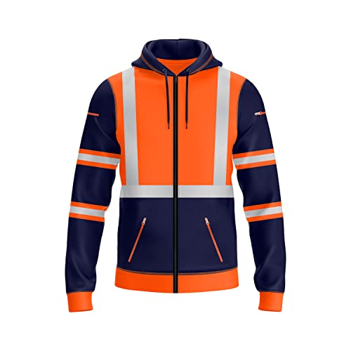 NOROZE Herren Kapuzenpullover mit Reißverschluss vorne reflektierend hohe Sichtbarkeit Sicherheitsmantel Taschen Sweatshirt Jacke (L, Stil 3: Neonorange/Marine) von NOROZE