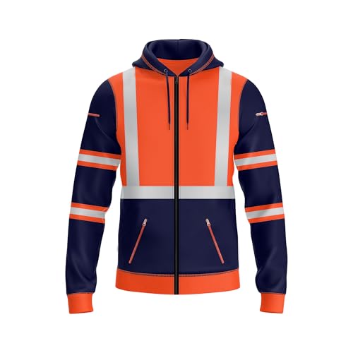NOROZE Herren Kapuzenpullover mit Reißverschluss vorne reflektierend hohe Sichtbarkeit Sicherheitsmantel Taschen Sweatshirt Jacke (L, Stil 3: Neonorange/Marine) von NOROZE