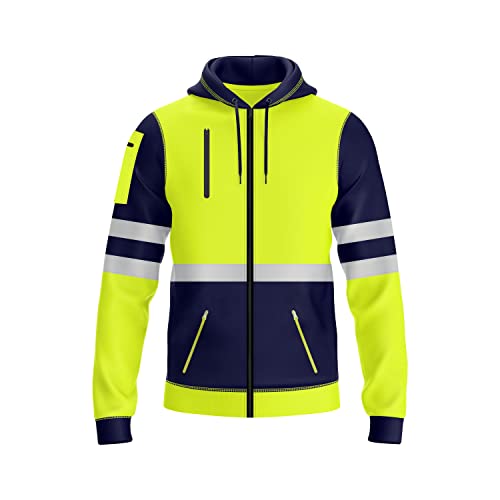 NOROZE Herren Kapuzenpullover mit Reißverschluss vorne reflektierend hohe Sichtbarkeit Sicherheitsmantel Taschen Sweatshirt Jacke (M, Stil 1: Neongrün/Marine) von NOROZE