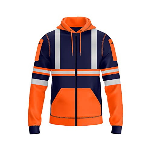 NOROZE Herren Kapuzenpullover mit Reißverschluss vorne reflektierend hohe Sichtbarkeit Sicherheitsmantel Taschen Sweatshirt Jacke (S, Stil 2: Neonorange/Marine) von NOROZE