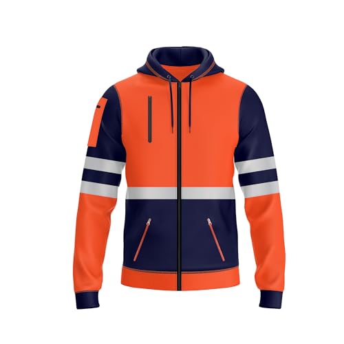 NOROZE Herren Kapuzenpullover mit Reißverschluss vorne reflektierend hohe Sichtbarkeit Sicherheitsmantel Taschen Sweatshirt Jacke (XL, Stil 1: Neonorange/Marine) von NOROZE
