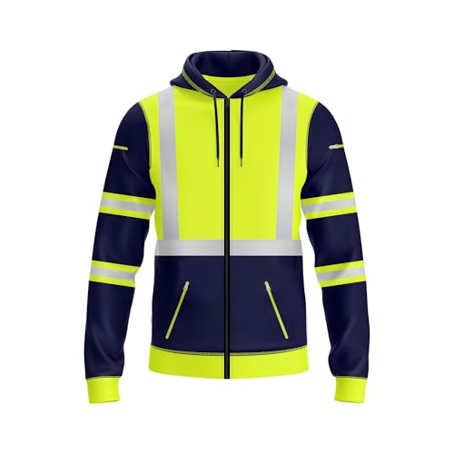 NOROZE Herren Kapuzenpullover mit Reißverschluss vorne reflektierend hohe Sichtbarkeit Sicherheitsmantel Taschen Sweatshirt Jacke (XL, Stil 3: Neongrün/Marine) von NOROZE