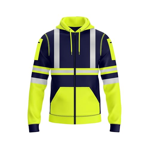 NOROZE Herren Kapuzenpullover mit Reißverschluss vorne reflektierend hohe Sichtbarkeit Sicherheitsmantel Taschen Sweatshirt Jacke (XXL, Stil 2: Neongrün/Marine) von NOROZE