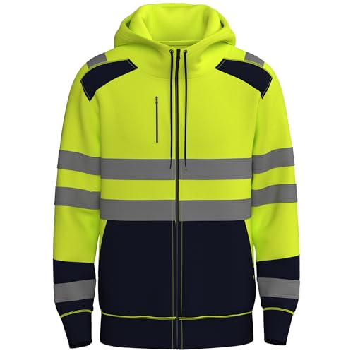 NOROZE Herren Kapuzenpullover mit Reißverschluss vorne reflektierend hohe Sichtbarkeit Sicherheitsmantel Taschen Sweatshirt Jacke (XXL, Stil 3: Neongrün/Marine) von NOROZE
