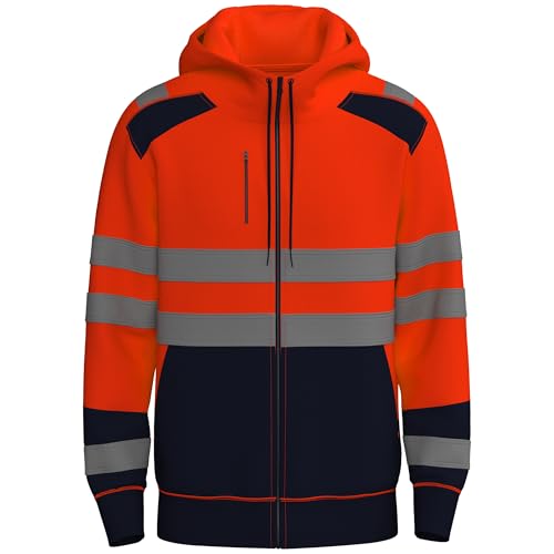 NOROZE Herren Kapuzenpullover mit Reißverschluss vorne reflektierend hohe Sichtbarkeit Sicherheitsmantel Taschen Sweatshirt Jacke (XXL, Stil 3: Neongrün/Marine) von NOROZE