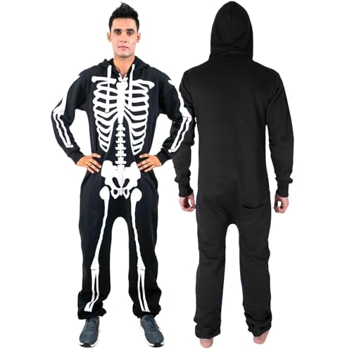 NOROZE Halloween Kostüm Onesie Mode Stilvoll Alle in Einem Overall Strampelanzug EIN Stück Pyjamas Jumpsuit Combinaison Für Herren Männer (XXL, Skelett Schwarz) von NOROZE
