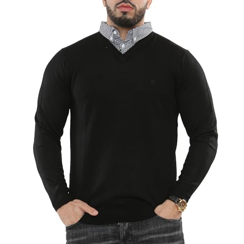 NOROZE Herren Pullover Jumper Falscher Kragen Lange Ärmel Strickpullover Gestrickt Pullover Pulli Sweatshirt (S, Schwarz) von NOROZE